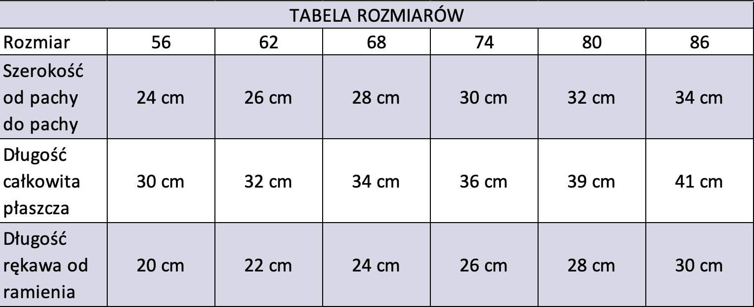 Tabela rozmiaró∑ kurtka z kapturem